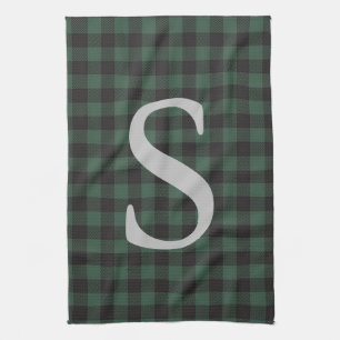 Linge De Cuisine Classic Vert Tartan Noir Plaid Monogramme
