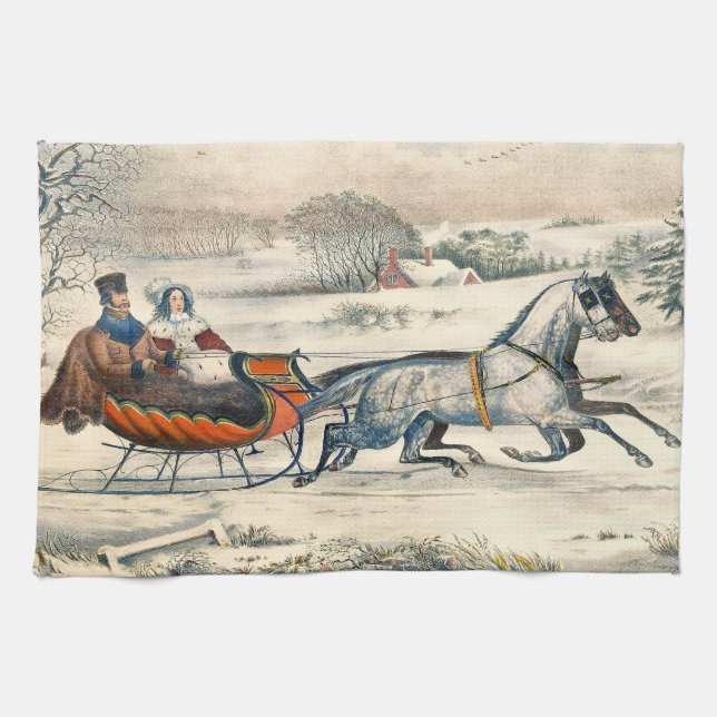 Linge De Cuisine Classique 1853 Promenade en traîneau Currier Ives  (Horizontal)