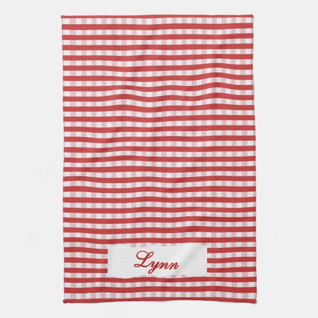 Linge De Cuisine Classique Gingham Rouge & Blanc | Nom Personnalisé (Vertical)