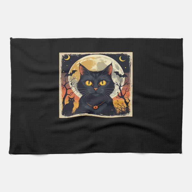 Linge De Cuisine Classique Rétro Chat Noir Halloween T-Shirt Classi (Horizontal)