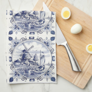 Linge De Cuisine Classique Vintage Chic Hollandais Windmill Delft B