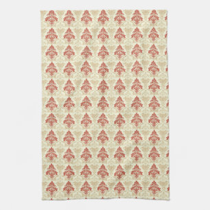 Linge De Cuisine Classique Vintage Damassé Rouge Vert Beige