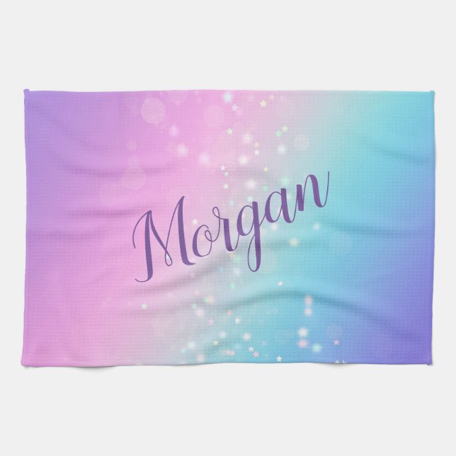 Linge De Cuisine Classy Purple & Blue Bokeh Star, Nom ou Monogramme (Horizontal)