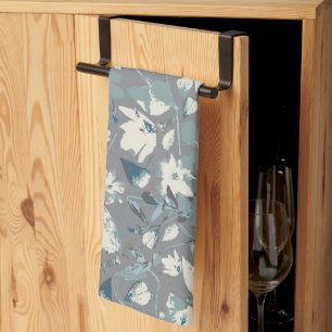 Linge De Cuisine Clematis Vine Gris Bleu Crème Aquarelle Florale