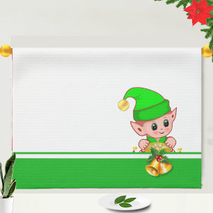 Linge De Cuisine Cloches de Noël et Elfe Mignon sur Fond Vert et Bl