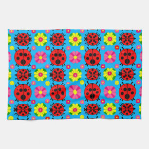 Linge De Cuisine Coccinelles Colorées Jardin Floral Bleu
