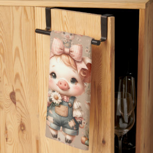 Linge De Cuisine Cochonnet Fantaisiste en Salopette Pastel Marron