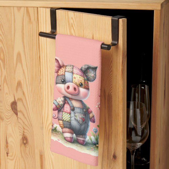 Linge De Cuisine Cochonnet Patchwork Mignon dans un Jardin Floral (Pliage en tiers)