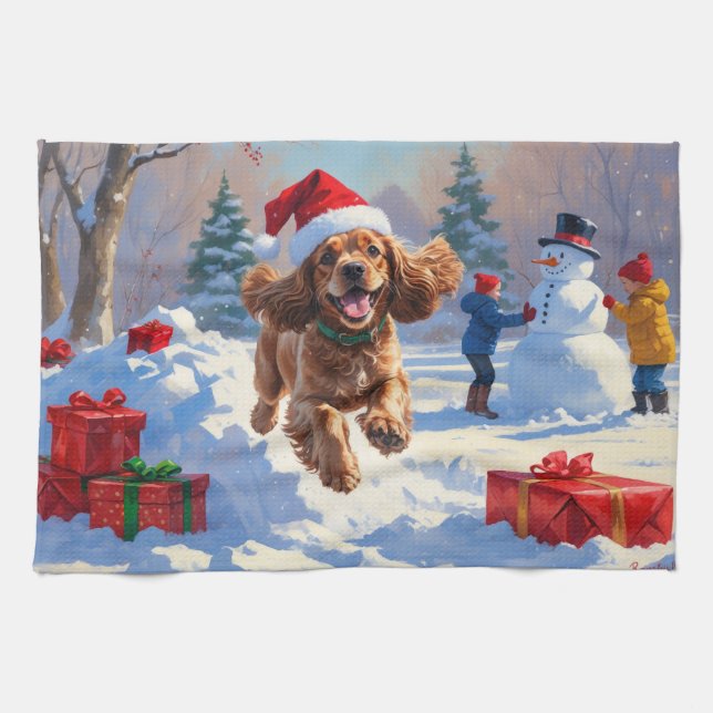 Linge De Cuisine Cocker Spaniel courant dans la neige avec un chape (Horizontal)