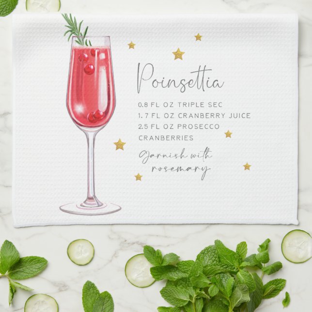 Linge De Cuisine Cocktail de Noël Aquarelle Poinsettia Recette (Plié)
