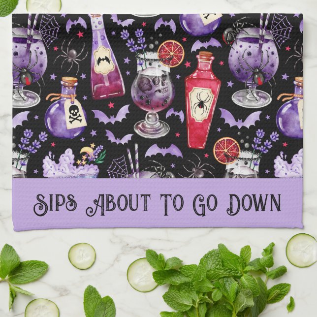 Linge De Cuisine Cocktails et potions d'Halloween violet rouge (Plié)