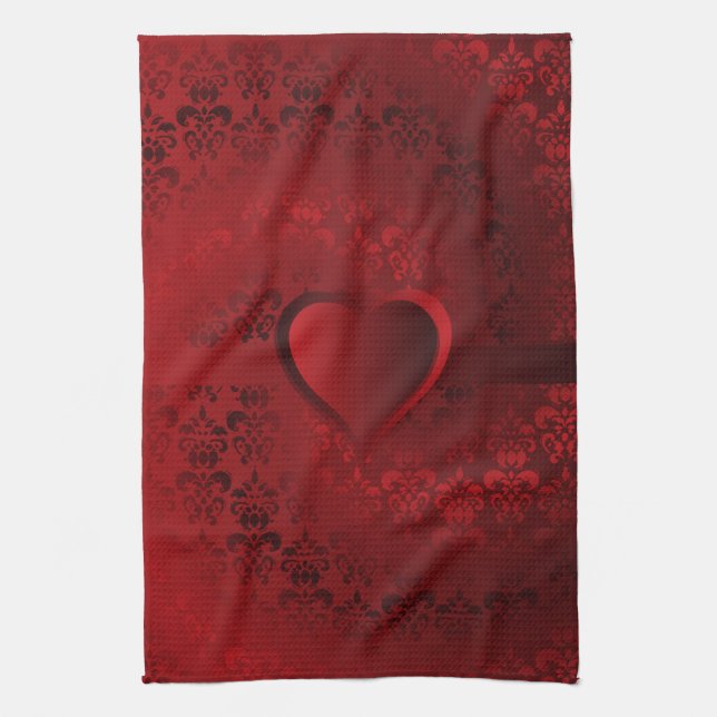 Linge De Cuisine Coeur damassé rouge (Vertical)