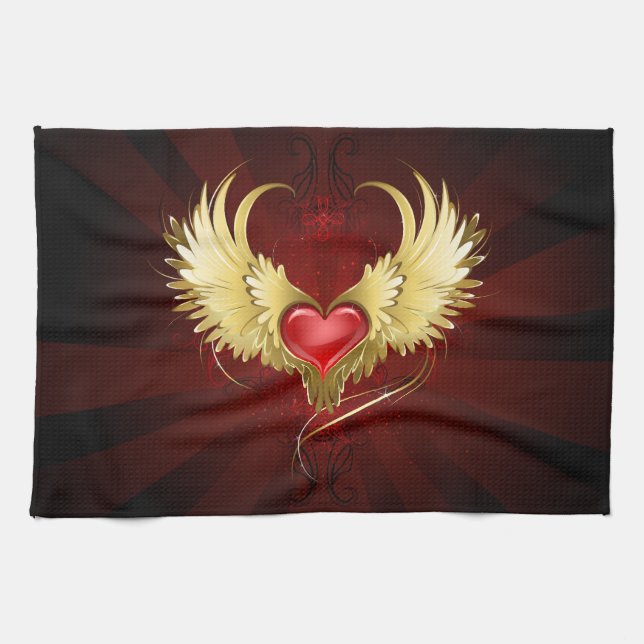 Linge De Cuisine Coeur rouge avec ailes d'or (Horizontal)