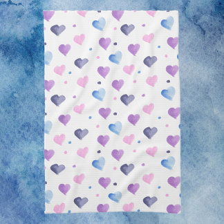 Linge De Cuisine Coeurs Aquarelle Motif rose Bleu pourpre