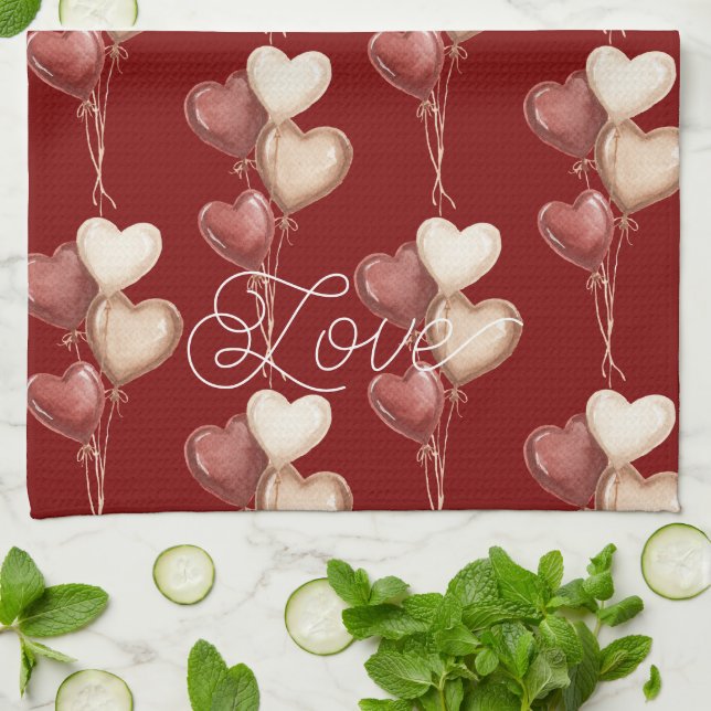 Linge De Cuisine Cœurs Ballons Rouge Crème Amour  (Plié)