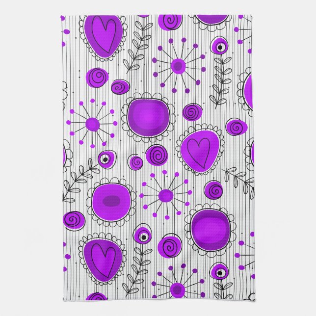 Linge De Cuisine Coeurs blancs violet blanc Whimsical et fleurs flo (Vertical)
