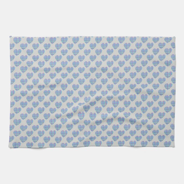 Linge De Cuisine Coeurs bleus sur gris caillou (Horizontal)