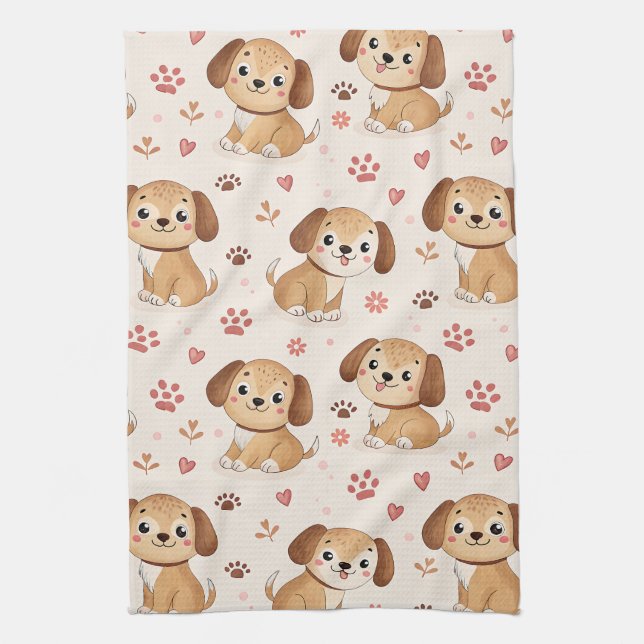 Linge De Cuisine Cœurs de chiot mignons motif aquarelle (1) (Vertical)