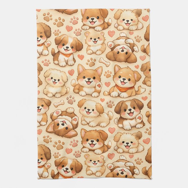 Linge De Cuisine Cœurs de chiot mignons motif aquarelle (2) (Vertical)