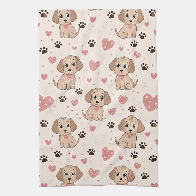 Linge De Cuisine Cœurs de chiot mignons motif aquarelle (4) (Vertical)