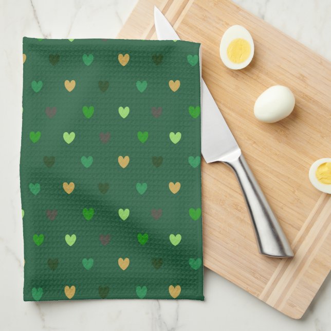 Linge De Cuisine Coeurs de Polka sur vert de forêt (Quart Plié)