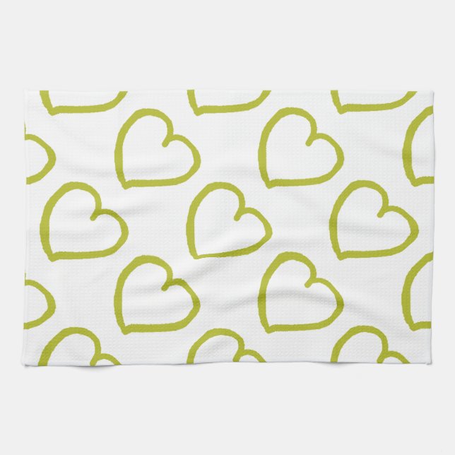 Linge De Cuisine Coeurs dessinés à la main vert sur blanc (Horizontal)