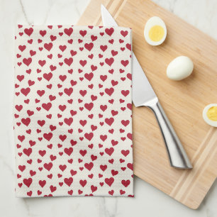 Linge De Cuisine Cœurs Dispersés Doux - Crème et Rouge