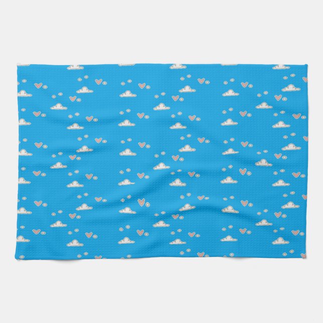 Linge De Cuisine Coeurs et nuages sur le bleu (Horizontal)