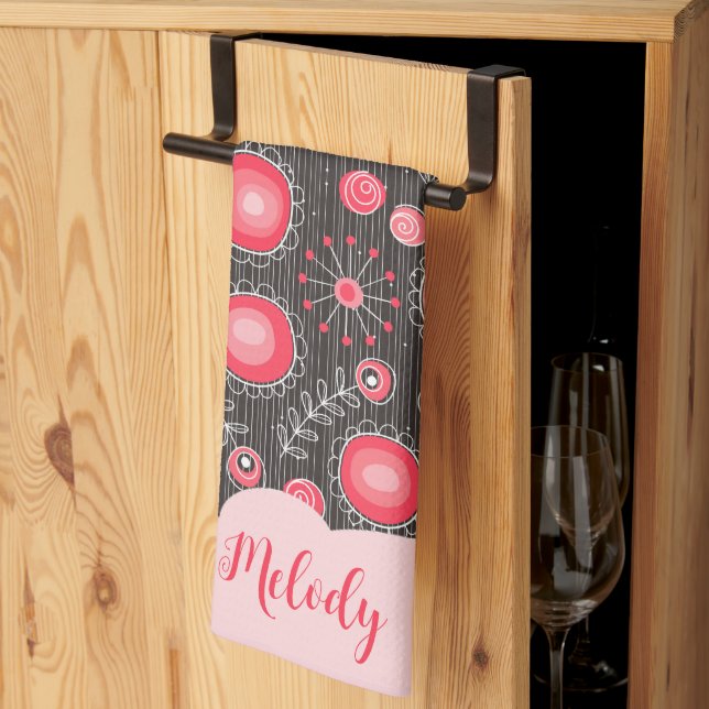 Linge De Cuisine Coeurs gris-blanc et fleurs nom floral (Pliage en tiers)