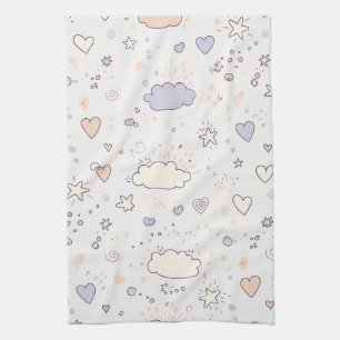 Linge De Cuisine Cœurs pastel et nuages Aquarelle Rêve (7)
