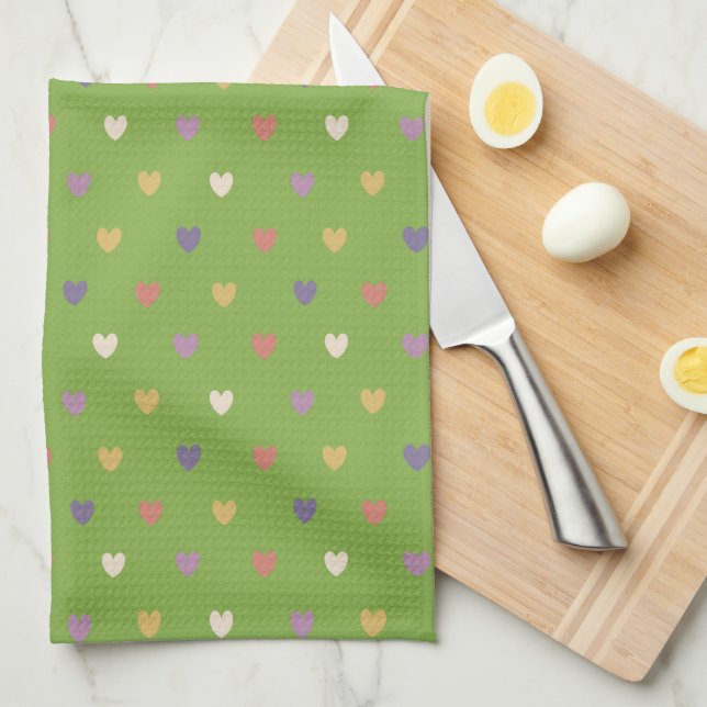 Linge De Cuisine Coeurs Polka sur vert vert (Quart Plié)