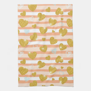 Linge De Cuisine Cœurs rayés pastel avec accents dorés scintillants