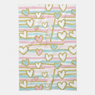 Linge De Cuisine Cœurs Romantiques Mignons et Rayures Pastel Doré