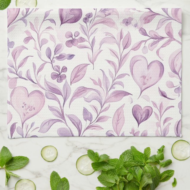 Linge De Cuisine Cœurs roses feuilles violettes (Plié)