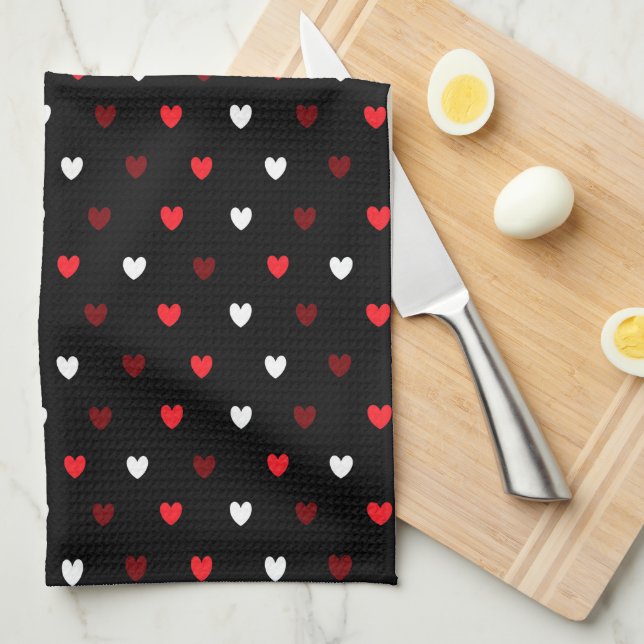 Linge De Cuisine Coeurs rouge et blanc sur noir (Quart Plié)