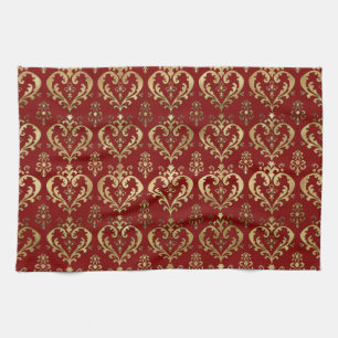 Linge De Cuisine Cœurs rouges et or élégants damassés Saint Valenti