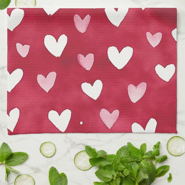 Linge De Cuisine Cœurs Rouges Roses Blancs (Plié)