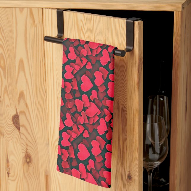 Linge De Cuisine Cœurs rouges sur valentine noir (Pliage en tiers)