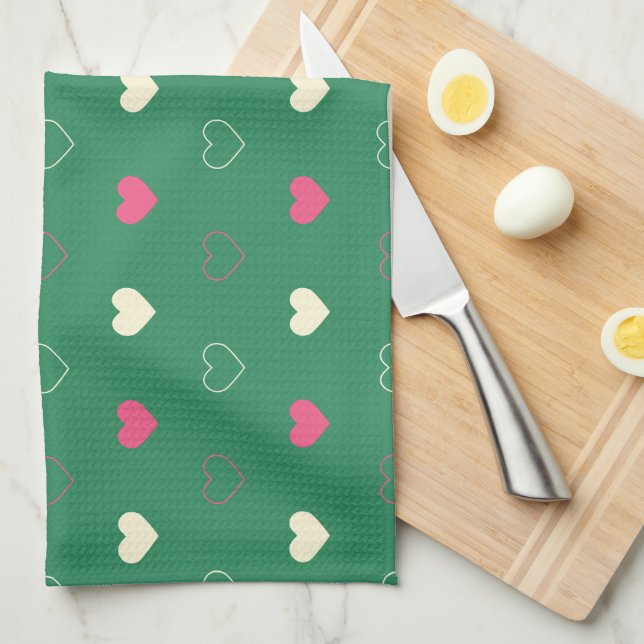Linge De Cuisine Cœurs Vibrants sur Fond Vert : Contraste Rose et C (Quart Plié)