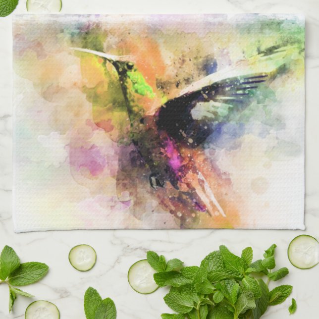 Linge De Cuisine Colibri à l'aquarelle  (Plié)