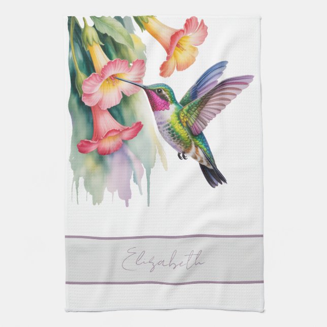 Linge De Cuisine Colibri à l'aquarelle avec fleurs (Vertical)