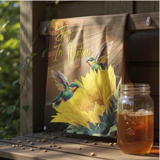 Linge De Cuisine Colibri Art & Tournesol Photographie Mix (kitchen towel hangs from board)