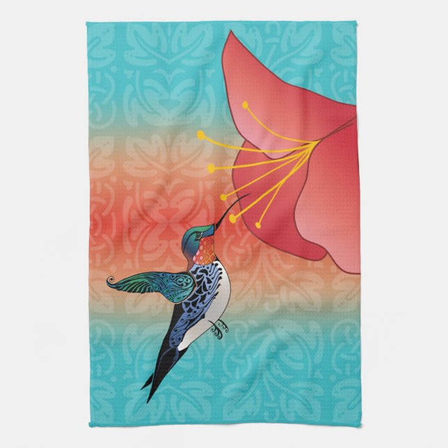 Linge De Cuisine Colibri de style tatouage et Ombre de fleurs rouge (Vertical)