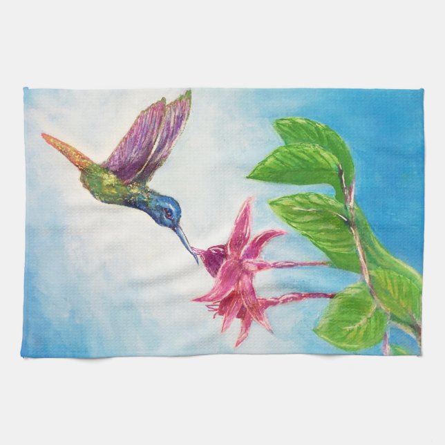 Linge De Cuisine Colibri, fuschia, fleurs, (Horizontal)