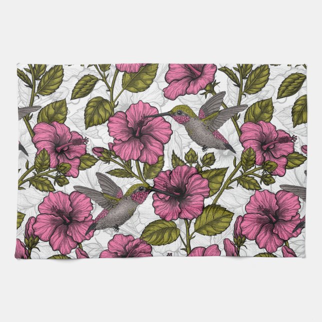 Linge De Cuisine Colibris et fleurs d'hibiscus roses (Horizontal)