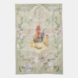 Linge De Cuisine Collage vintage - coqs et fleurs