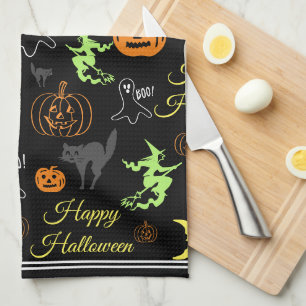 Linge De Cuisine Coloré Happy Halloween Motif Noir