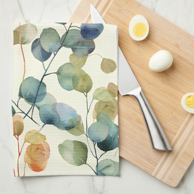 Linge De Cuisine Coloré Rustique Eucalyptus Feuilles d'aquarelle (Quart Plié)