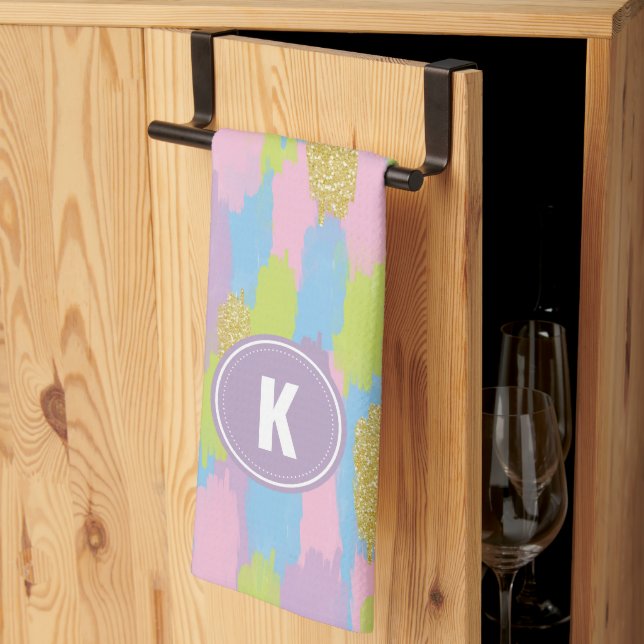Linge De Cuisine Colorful Abstrait Brushstrokies Motif Monogramme (Pliage en tiers)