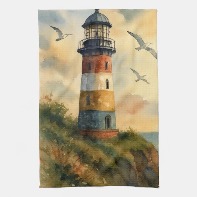 Linge De Cuisine Colorful Coastal Lighthouse Kitchen Towel (Vertical)